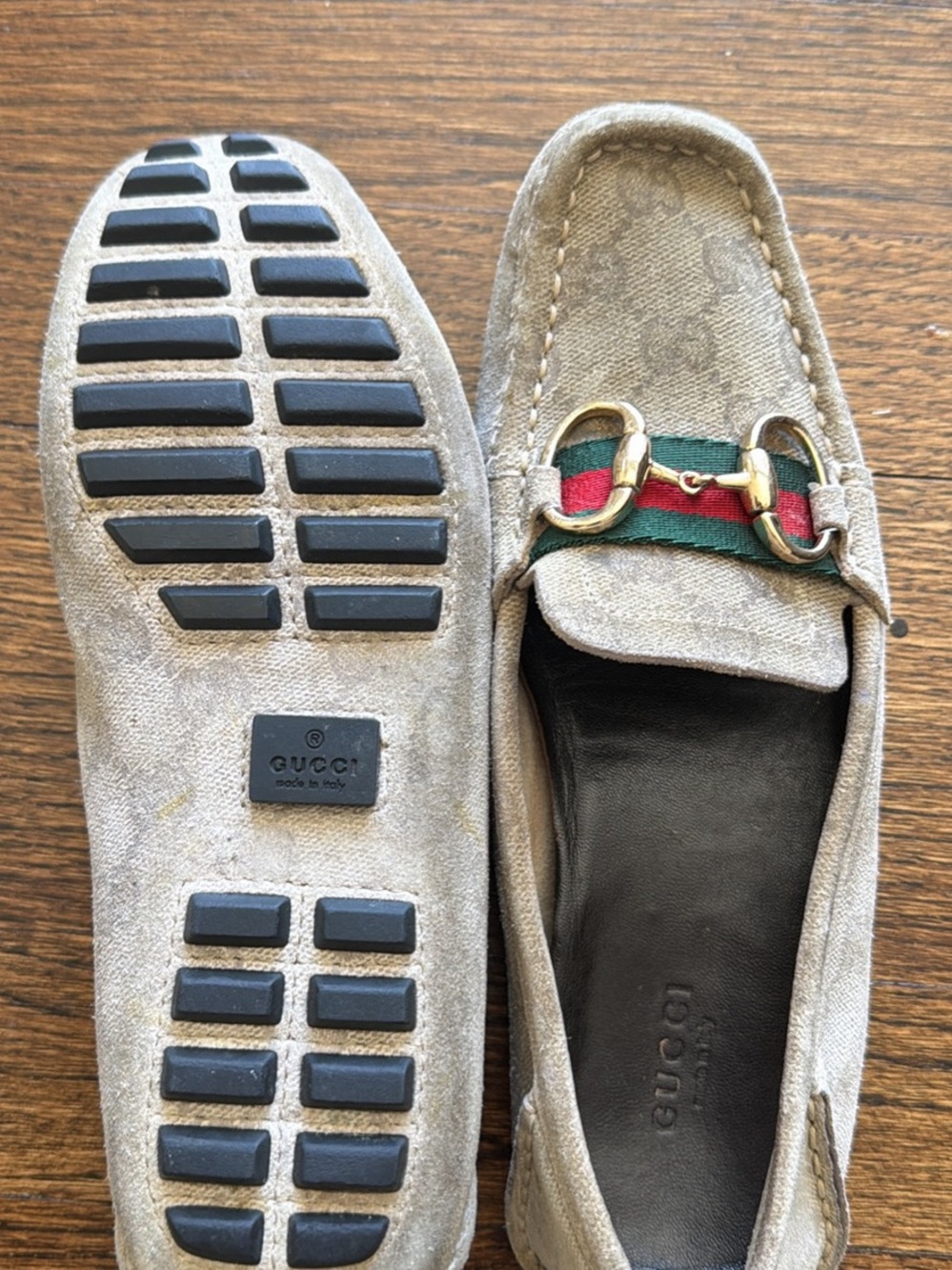 Gucci Beige Suede Horsebit Loafers with Red & Green Web ~ Size 6.5 - Picture 6 of 12